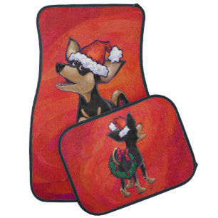 Christmas Chihuahua Heads and Tails on Red Car Mat