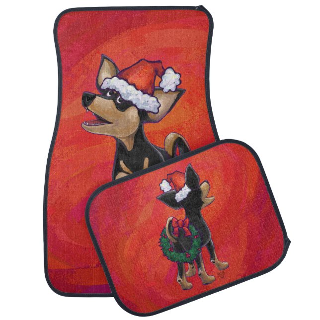 Christmas Chihuahua Heads and Tails on Red Car Mat (Set)