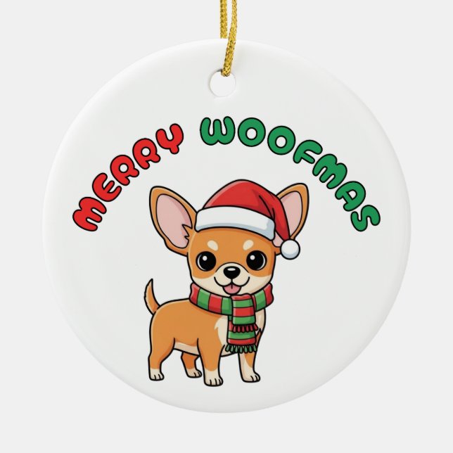 Christmas Chihuahua Ornament: Merry Woofmas Ceramic Ornament (Front)