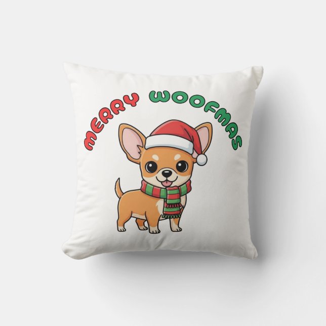 Christmas Chihuahua Pillow: Merry Woofmas Throw Pillow (Front)