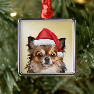 Christmas Chihuahua puppy with Santa hat Metal Ornament