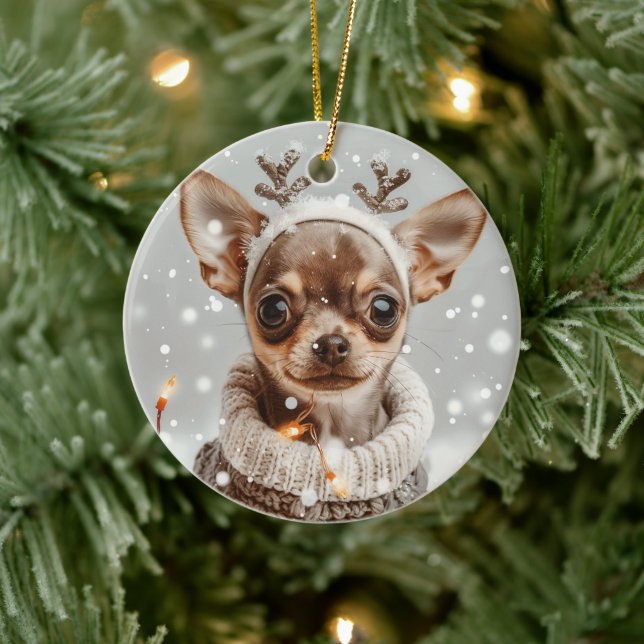 Christmas Chihuahua Reindeer Dog Ceramic Ornament (Tree)
