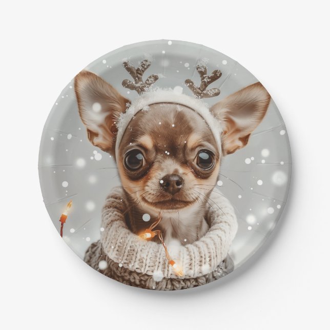 Christmas Chihuahua Reindeer Dog Paper Plates (Front)