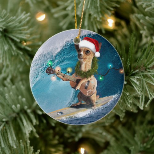 Christmas Chihuahua Surfing Ceramic Ornament