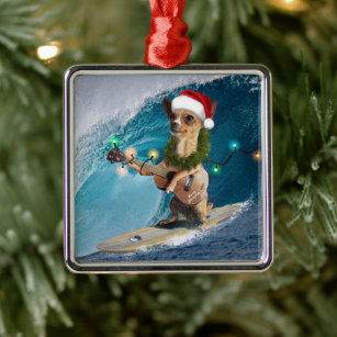 Christmas Chihuahua Surfing Metal Ornament