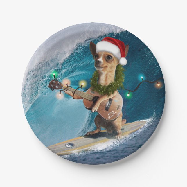 Christmas Chihuahua Surfing Paper Plates (Front)