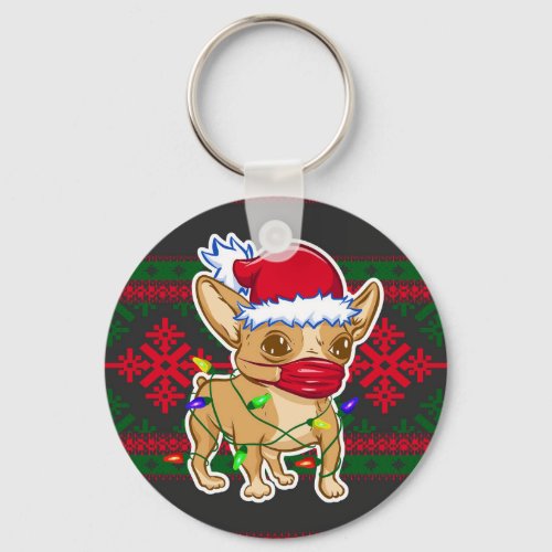 Christmas chihuahua wearing a medical mask keychain
