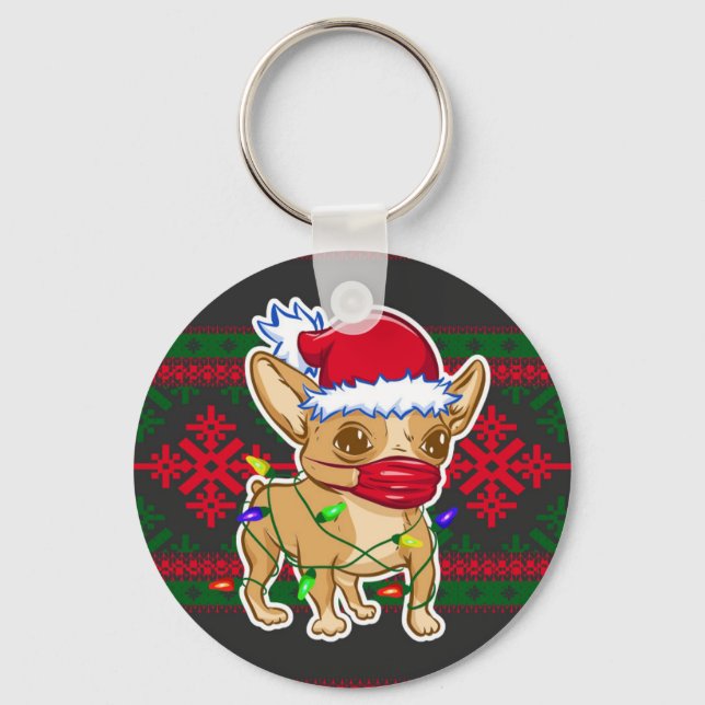 Christmas chihuahua wearing a medical mask keychain (Front)