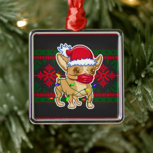 Christmas chihuahua wearing a medical mask metal ornament