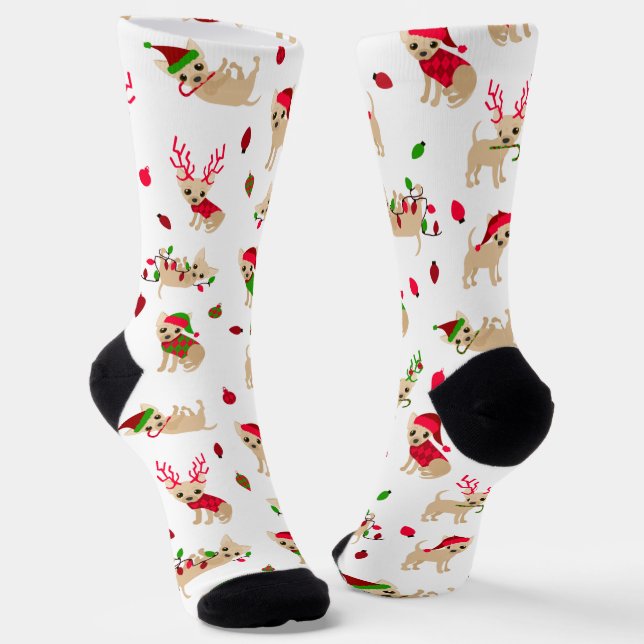 Christmas Chihuahuas Fawn Socks (Angled)