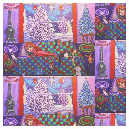 Christmas Child & Cats Quilt Snow Scene Cute Fabric
