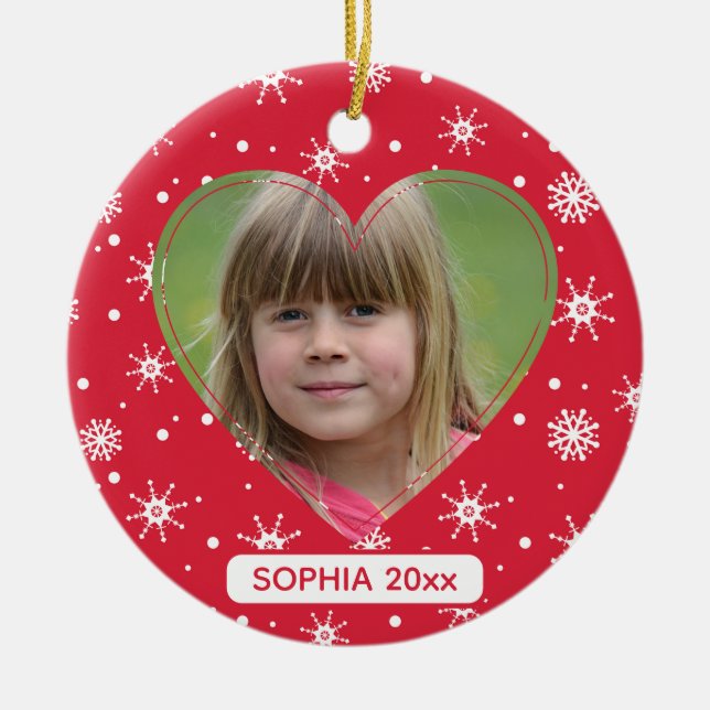 Christmas Child Photo Cute Red Snowflake Ceramic Ornament (Front)