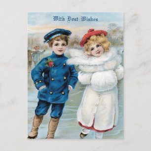 Christmas, Children skating Holiday Postcard