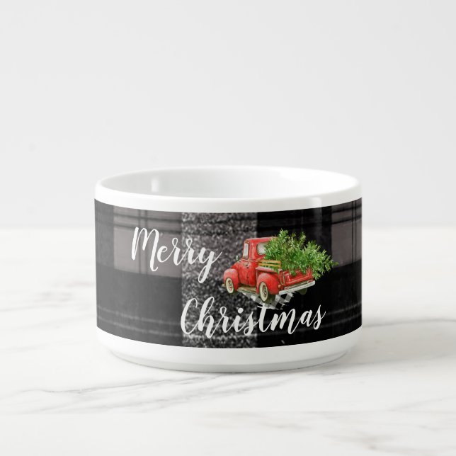 Christmas Chili Bowl Red XMAS Truck Plaid White (Center)