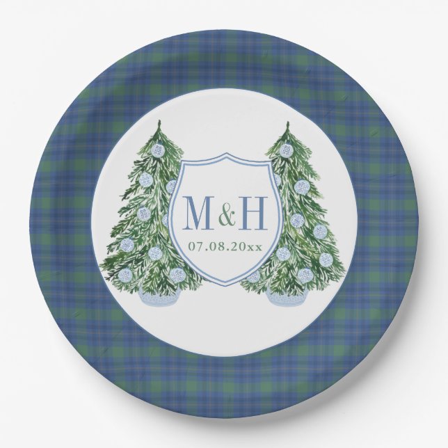 Christmas Chinoiserie Chic Monogram Wedding Shower Paper Plates (Front)