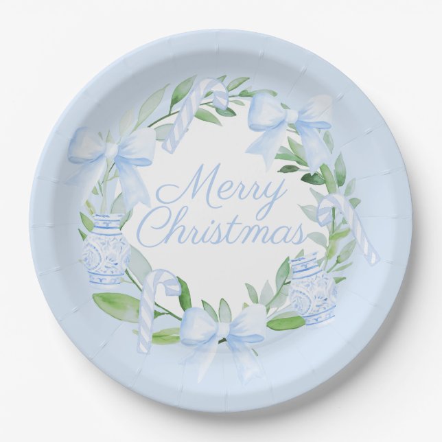 Christmas Chinoiserie Watercolor Ginger Jar Wreath Paper Plates (Front)