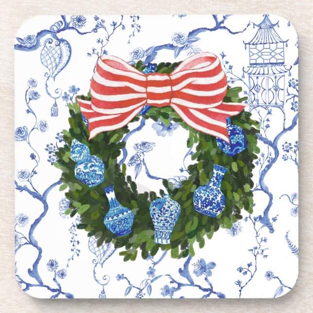 Christmas Chinoiserie Wreath, Ginger Jar,  Beverage Coaster (Front)