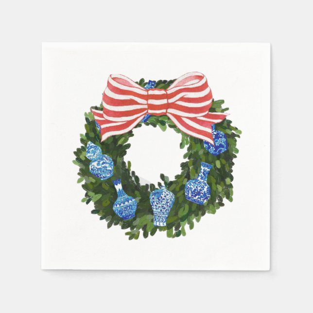 Christmas Chinoiserie Wreath, Ginger Jar Holiday Napkins (Front)