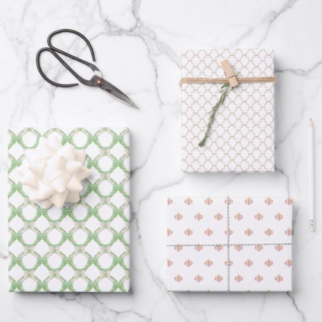 Christmas Chinoisserie Trellis Pink Coquette Bow Wrapping Paper Sheets (Front)
