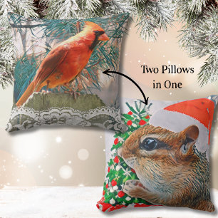 Christmas Chipmunk and Red Cardinal Holiday Throw Pillow