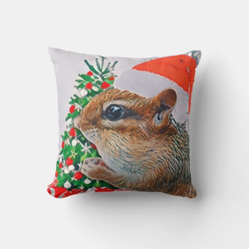 Christmas Chipmunk and Red Cardinal Holiday Throw Pillow
