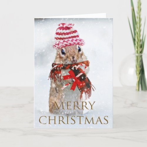 Christmas chipmunk holiday card. SINGLE CARD