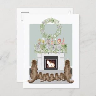 Christmas Choc Labrador Family Fireplace Scene Holiday Postcard