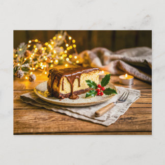 Christmas chocolate cheesecake on rustic table postcard