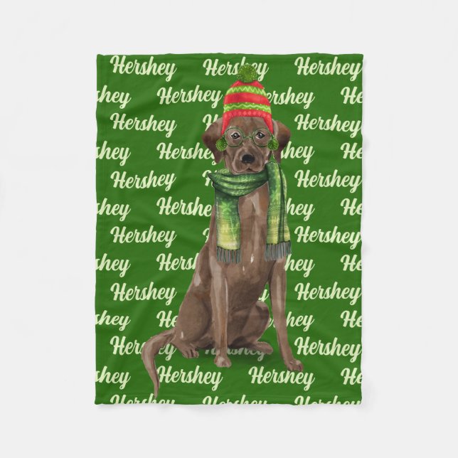 Christmas Chocolate Lab with Dog's Name Fleece Blanket (Front)