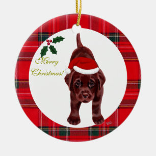 Christmas Chocolate Labrador Puppy Santa Hat Ceramic Ornament