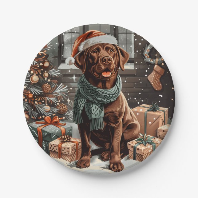 Christmas Chocolate Labrador Retriever Dog Paper Plates (Front)