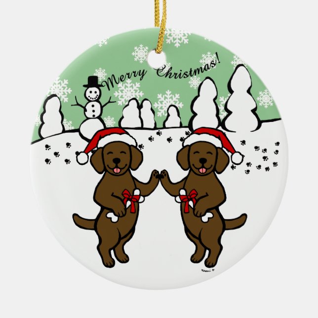 Christmas Chocolate Labradors Cartoon Ceramic Ornament (Front)