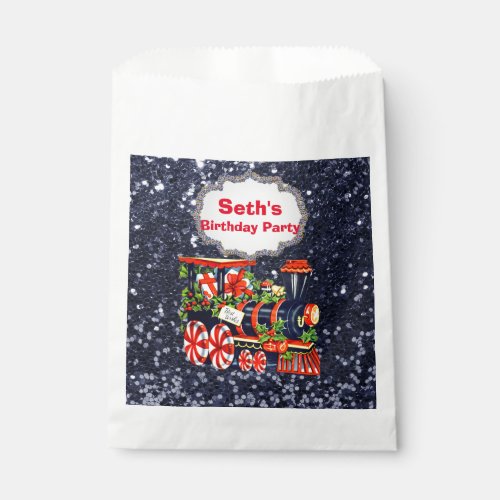 Christmas Choo Choo Train Blue Faux Glitter Favor Bag