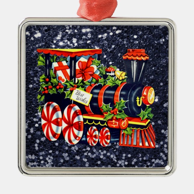 Christmas Choo Choo Train Blue Faux Glitter Metal Ornament (Front)
