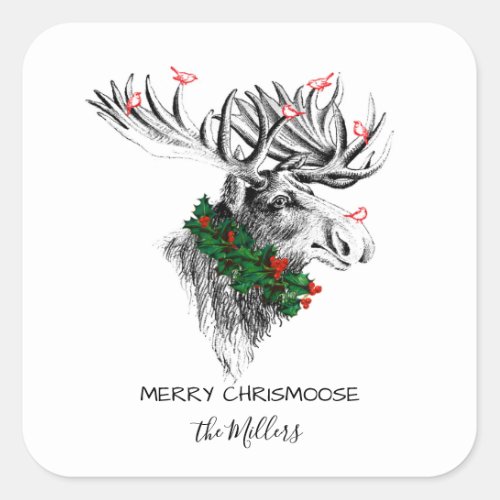Christmas Chrismoose Moose Birds and Holly Sticker
