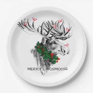 Christmas Chrismoose Moose Birds Holly Paper Plate
