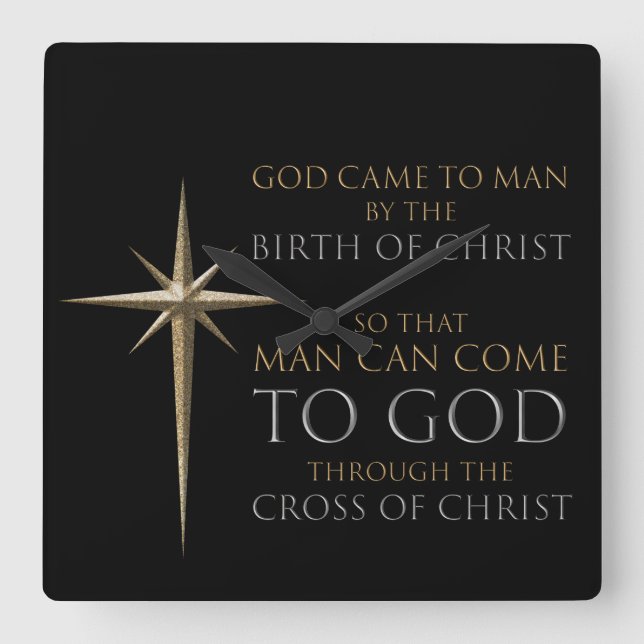 Christmas Christian Faith Star: Birth & Cross Square Wall Clock (Front)