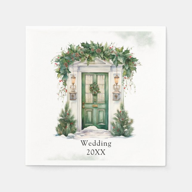 Christmas Church Door Winter Scene Wedding Napkins (Front)