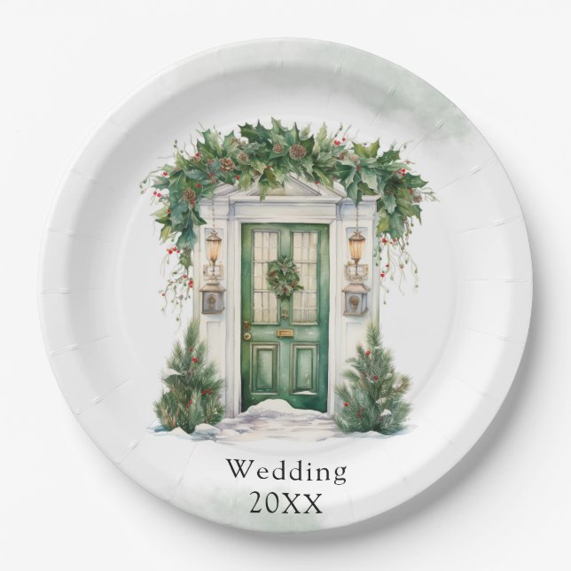 Christmas Church Door Winter Scene Wedding Paper Plates (Front)