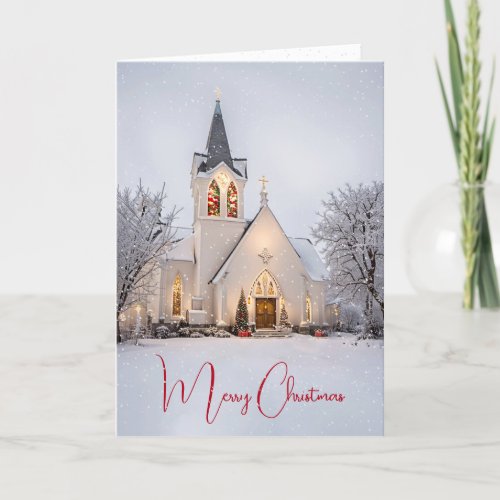 Christmas Church In Snowflakes Holiday Card