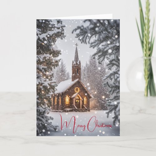 Christmas Church In Snowflakes Holiday Card