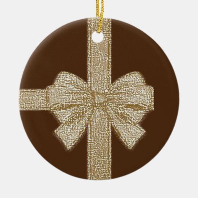 Christmas Circle Ornament, Beige Bow Ceramic Ornament (Front)