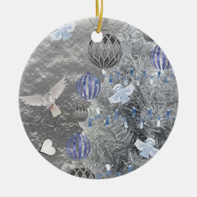 Christmas Circle Ornament, Blue Silver Ceramic Ornament (Front)