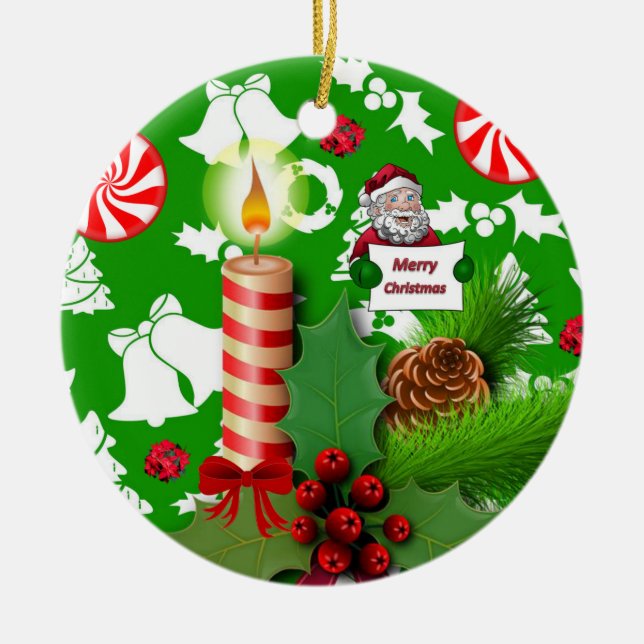 Christmas Circle Ornament, Christmas Candle Ceramic Ornament (Front)