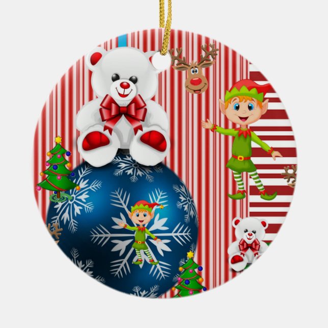 Christmas Circle Ornament, Elf Teddy Bear Ceramic Ornament (Front)