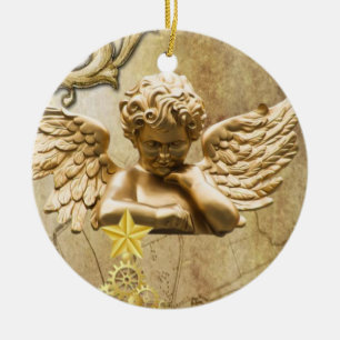 Christmas Circle Ornament, Gold Angel Ceramic Ornament