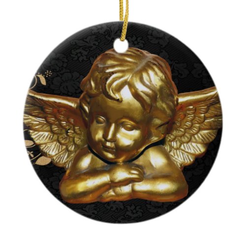 Christmas Circle Ornament, Gold Angel Ceramic Ornament