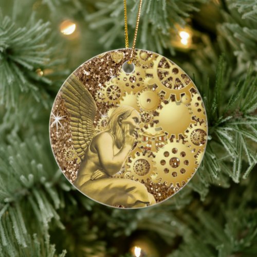 Christmas Circle Ornament Gold Angel Ceramic Ornament