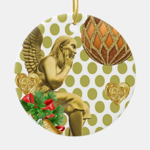 Christmas Circle Ornament Gold Angel Ceramic Ornament