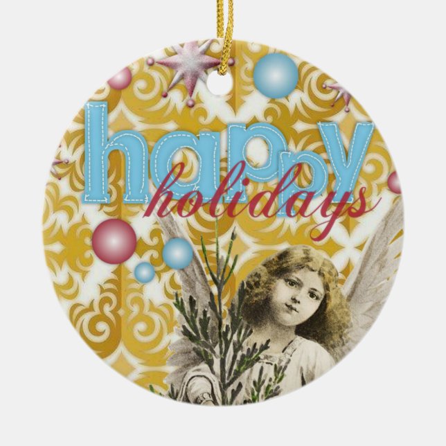 Christmas Circle Ornament, Happy Holidays Angel Ceramic Ornament (Front)